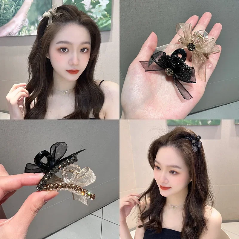 Korean Elegant Mesh Bow Hair Clip Simple Hairpin Cute Sweet Side Bangs Hairpin Temperament Forehead Clip Headdress Duckbill Clip