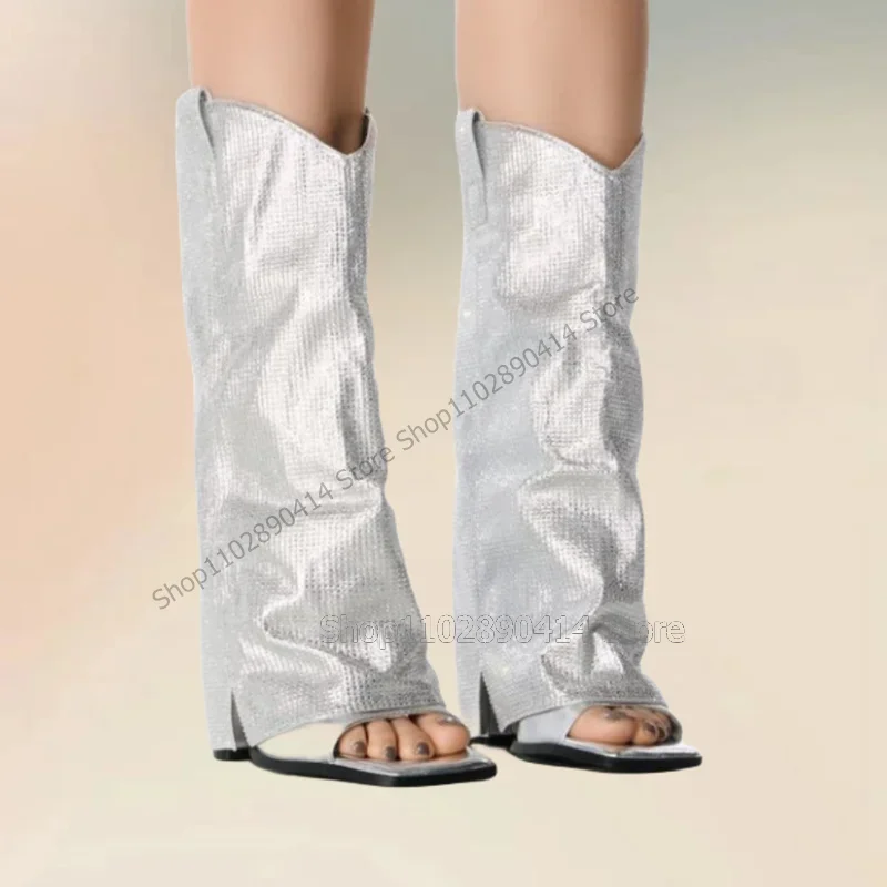 

Silver Glitter Turned Over Open Toe Sandals Boots Slip On Women Shoes Chunky High Heels Fashion Party 2025 Zapatos Para Mujere