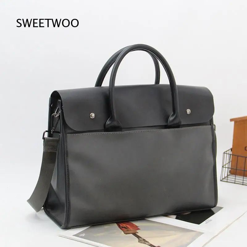 Men Vintage Business Briefcase Faux Leather Laptop Tote Bag Large Office Work Handbag Detachable Crossbody Strap