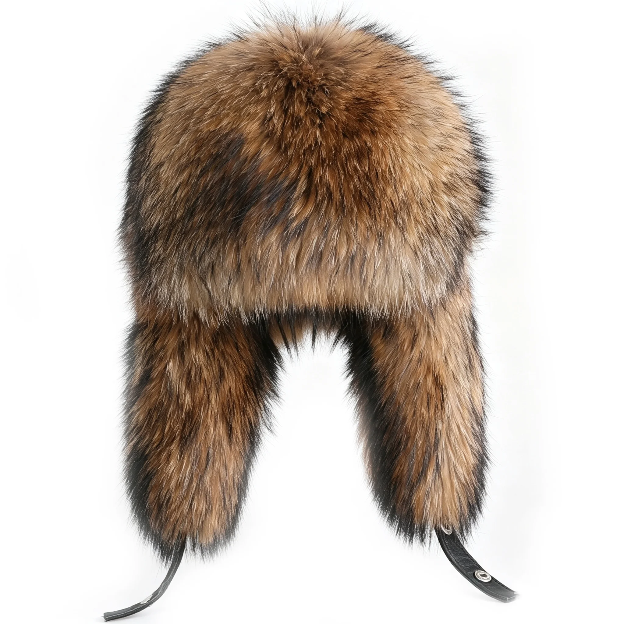 Men's Winter Full Fur Covered Trapper Hat with Earflap Genuine Raccoon Fox Fur Ushanka Bomber Caps