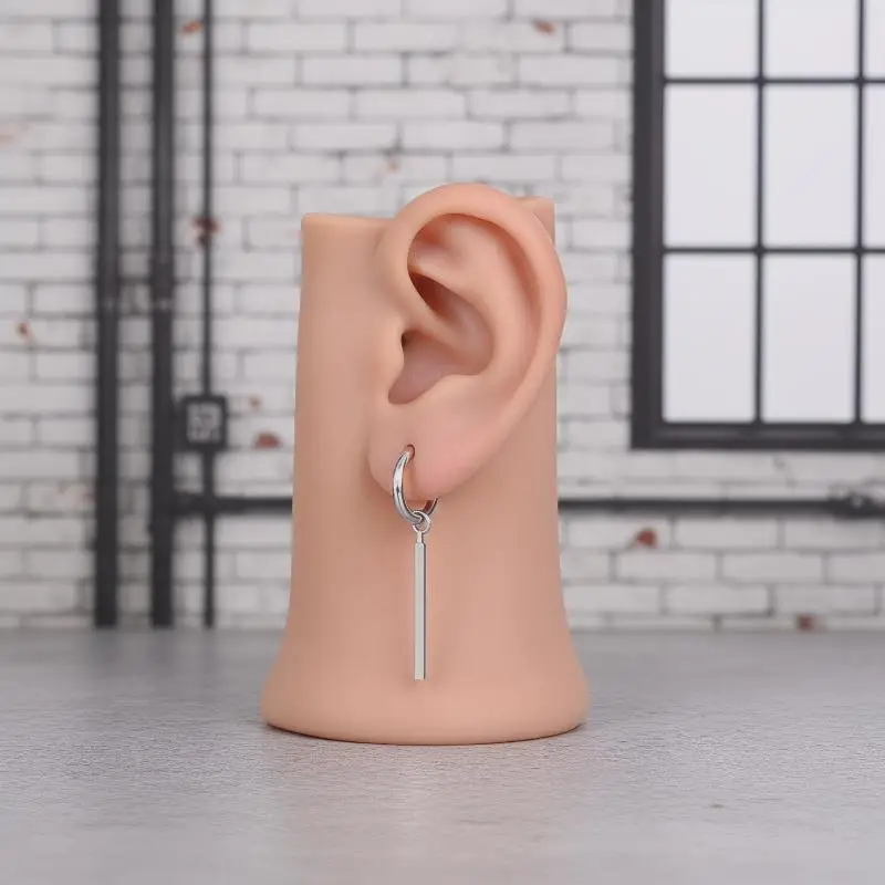 Minimalist Fake Earrings Square Bar Hanging Hoop Earring Pendant Ear Clip Stainless Steel Earring Men Jewelry