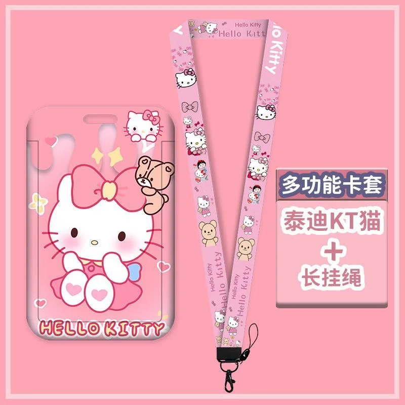 Sanrio Anime Lanyard untuk Kunci Tali Leher Kartu ID Hello Kitty Kuromi Kartu Izin Kerja Kartun Bagasi Asrama Tag Label Portabel
