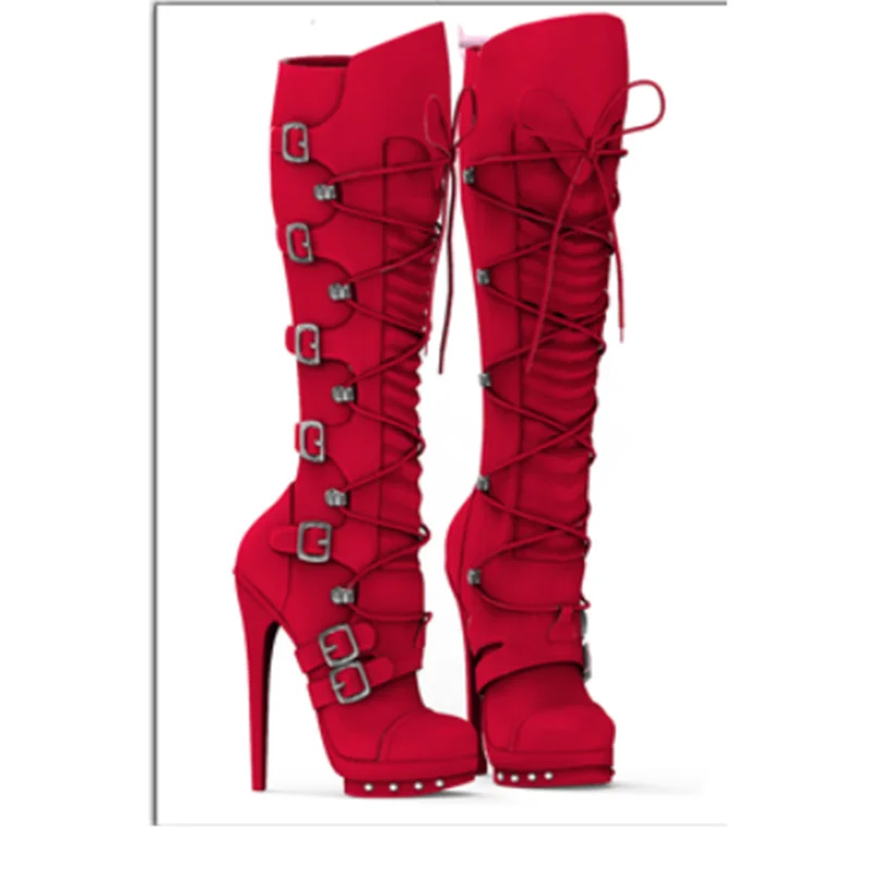 Red Rivet Buckle Lace Up Knee High Boots Thin High Heel Sexy Fashion Cool Winter Casual Big Size Woman Shoes Zapatillas Mujer
