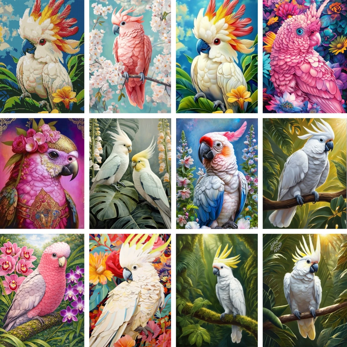 Diamond Painting Cross Stitch Kits White Tropical Cockatoo Diamond Mosaic DIY Suitable for Beginners Handmade Exotic Bird Art