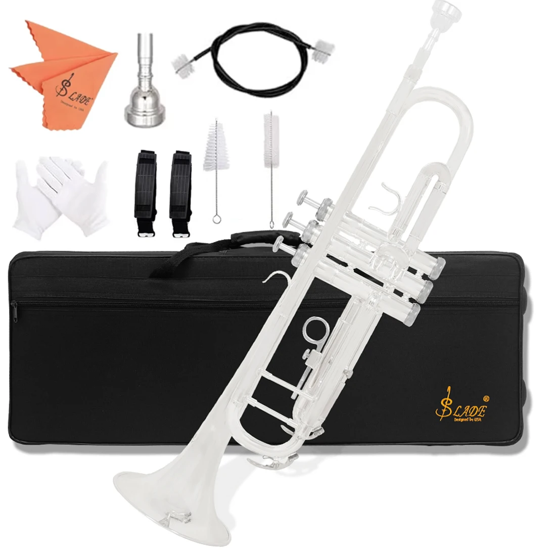 SLADE Silvering Bb Standard Trumpet Set Brass Student Beginners Trumpet Instruments with Box 7C Blowing Nozzle Gloves