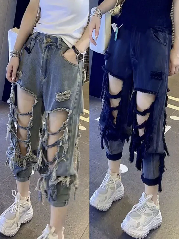 

Plus Size 4xl Jean For Women Fringed High Waist Denim Trouser Lady Ripped Hole Pants 2024 Summer Female Wholesale Clothes