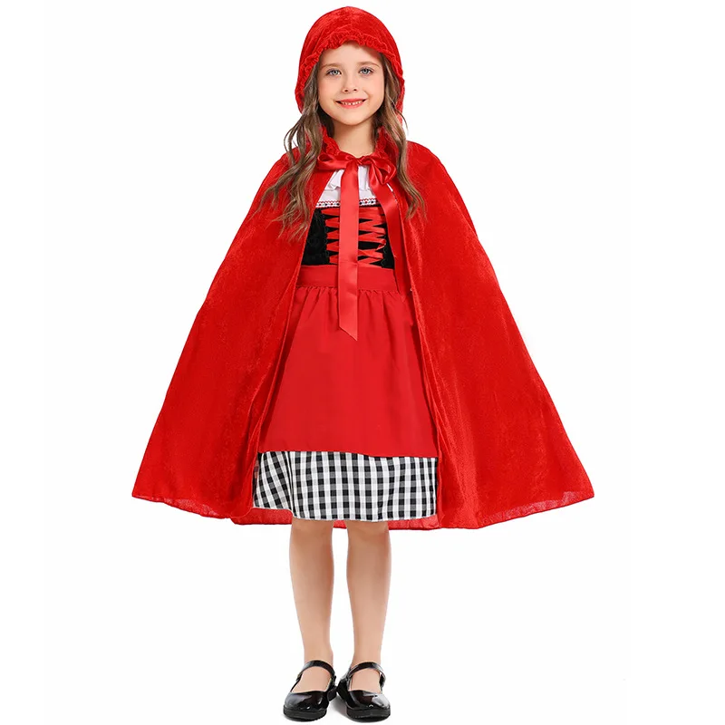 Kid Girl Cosplay Little Red Dresses Hooded Cloak Apron Set Halloween Maid Dress Children's Stage Performance Party Dress 3Pcs