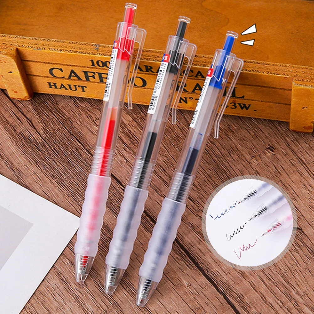 3pcs Retractable Gel Pens Set 0.5mm St Tip Quick-Drying Black Red Blue Soft Grip Transparent Design Smooth Writing
