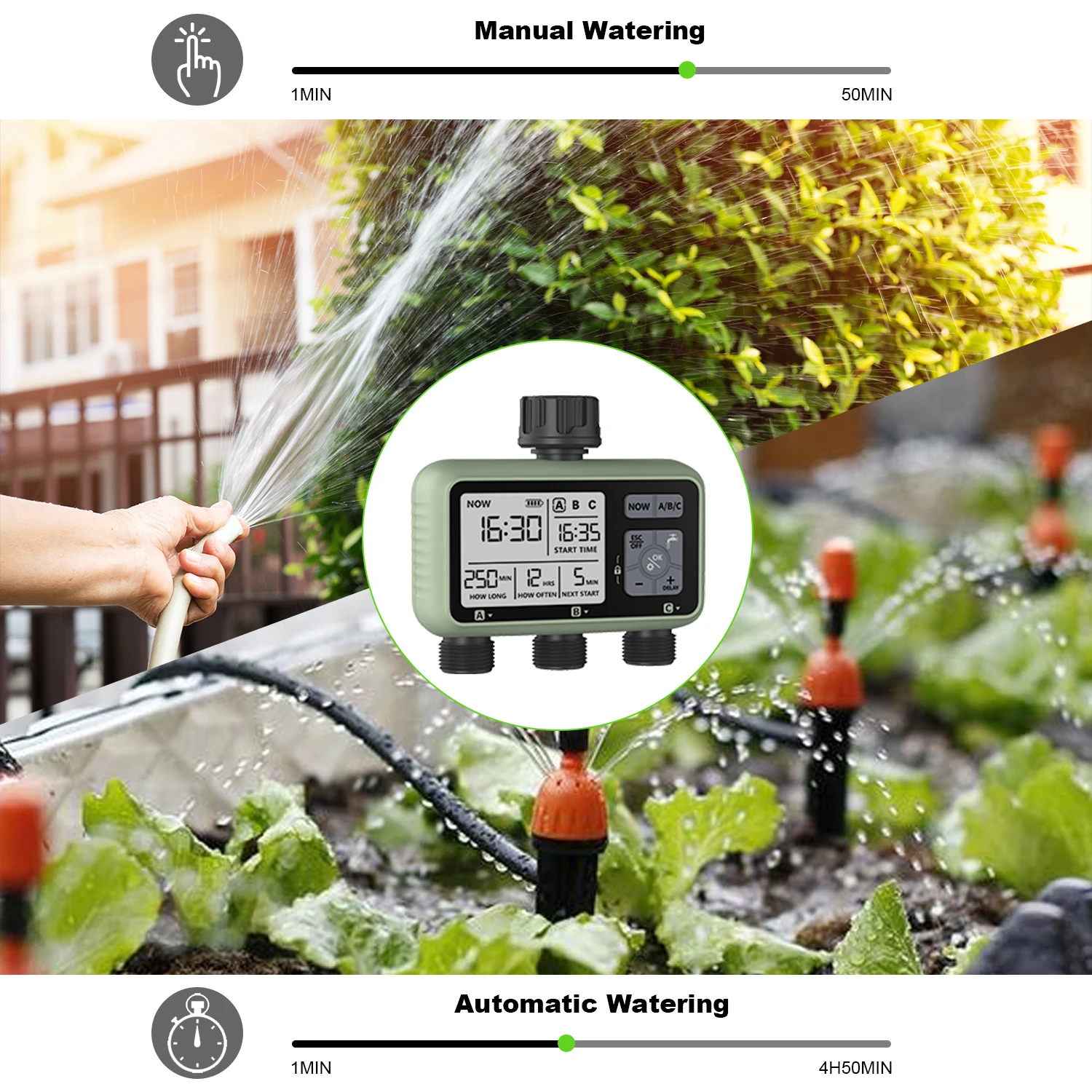 Eshico Newest 2024 3-Outlet Water Timer Independent Control Program Digital Garden Sprinkler