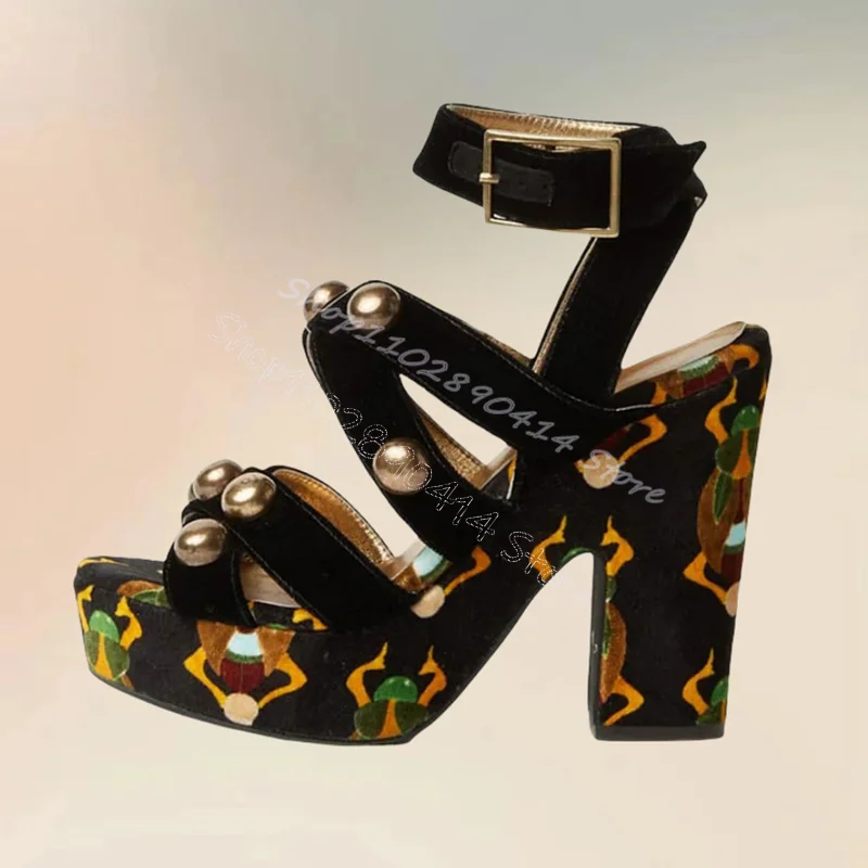 

Graffiti Print Round Rivets Decor Platform Sandals Buckle Strap Women Shoes Chunky High Heels Banquet 2024 Zapatos Para Mujere