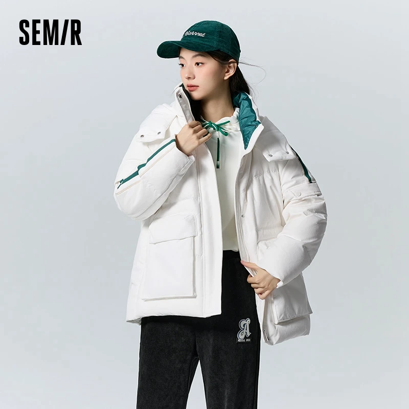 Semir Daunen jacke Frauen mittellanges Design Sinn Retro sportlichen Stil Winter warm lose Kapuze Jacquard Nischen mantel