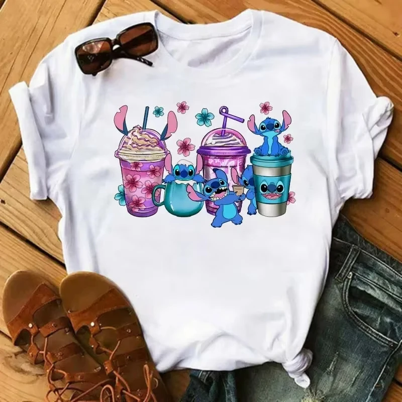 

Funny Disney Cartoon Stitch Mickey Mouse Princess Dessert Drink Printed Women T-shirts Streetwear Casual Short Sleeve Tees Tops