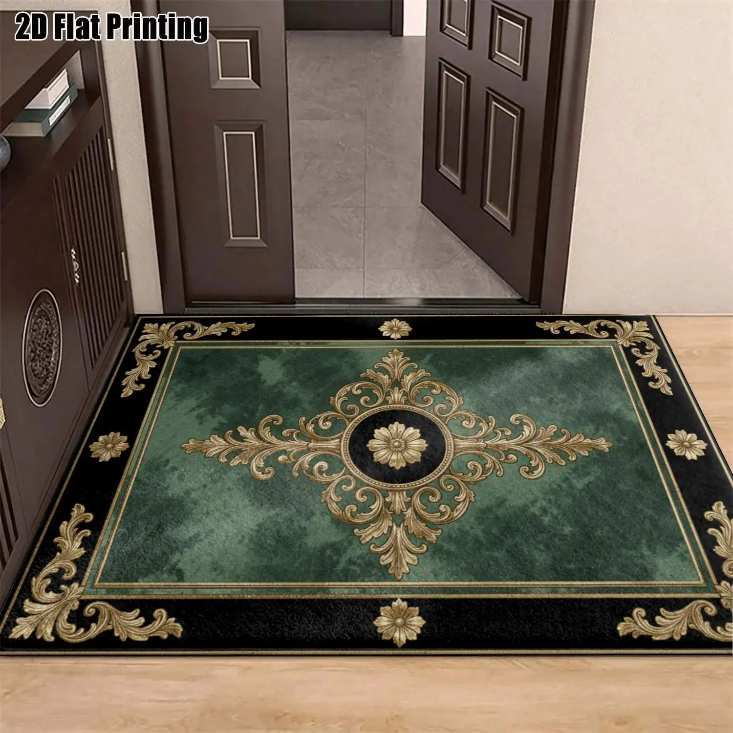 1Pc 2D Printed Ink-Green Gold Carved European Retro Light Luxury Home Carpet, Multi-Size, Machine Washable, for Entryway, Dining Room, Bedroom, Study, Living Room
