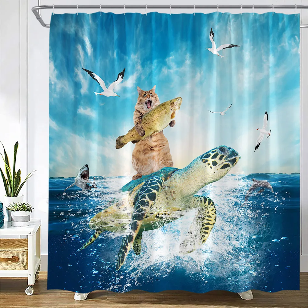 Funny Dog Shower Curtains Shark Sea Waves Fish Bird Creative Cartoon Animal Children Bath Curtain Kids Bathroom Decor with Hooks