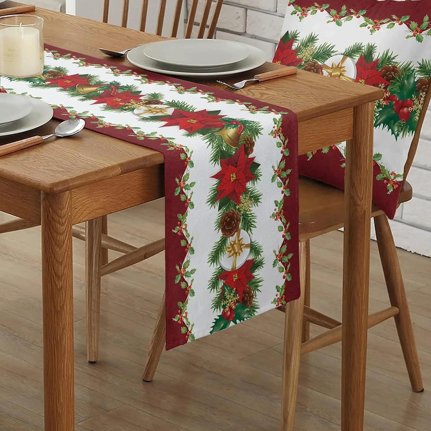 Christmas Poinsettia Flower Branch Linen Table Runners Dresser Scarves Reusable Dining Table Runners Christmas Decorations