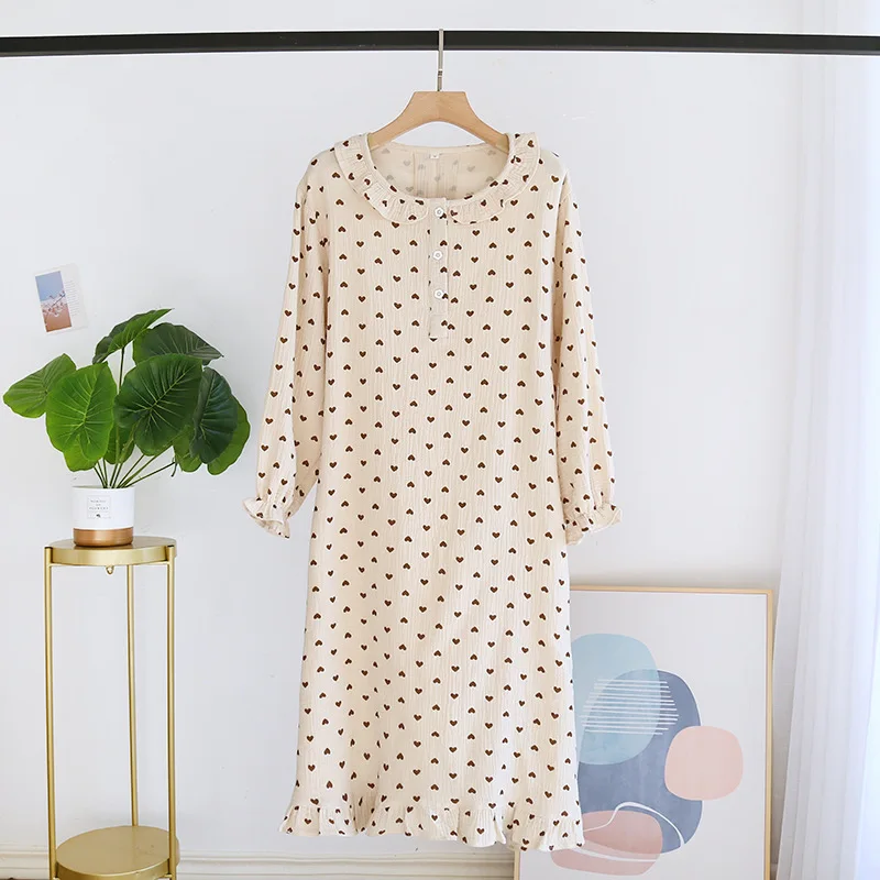 

Spring and Autumn Ladies Long Dress 100% Cotton Crepe Nightdress Nightdress Thin Long Sleeve Skirt Casual Home Skirt Pajamas