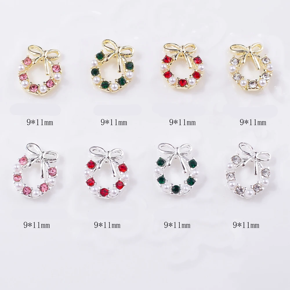 10Pcs Garland Bowknot Pearl Zircon Nail Art Charms 3D Colour Rhinestone Christmas Wreath Design Nail Jewelry DIY Nail Decoration