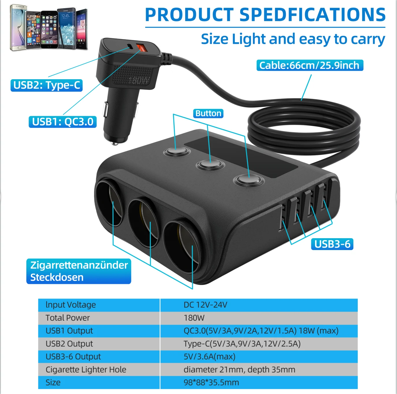 12V Car Cigar Lighter Extension Cord Splitter one to three Cigar Mouth Power Converter for Phone, Tablet Computer, Navigator