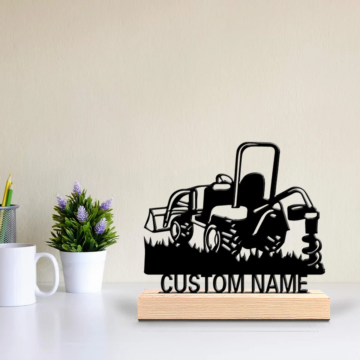 1pc construction loader Custom Text Tin Statue Metal Ornament Art Crafts With Wood Base Tin Sculpture For Home Desk Decor