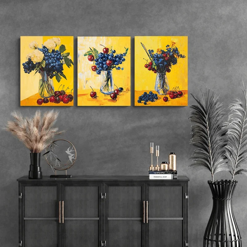 2D Flat Printing 3pcs frameless , , Wall Decor, , , 59.99X80.01 cm, a Bunch of Blueberries And a Bunch of Cherries in a Vase Int