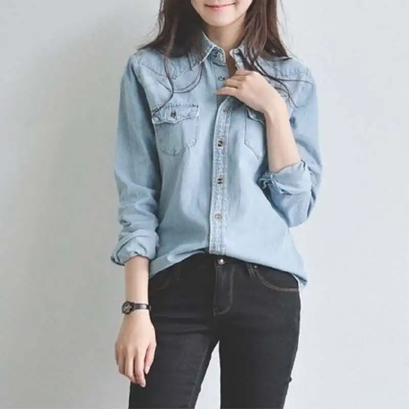 

Women's Long Sve Denim irt Autumn Spring Casual Sle Loose Fit Student Friendly Mid-Length Versatile Faion Korean Sle