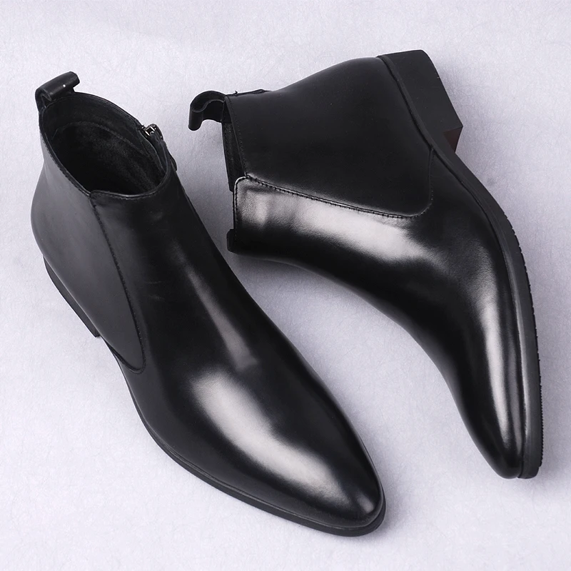 

Genuine Leather Mens Ankle Boots Pointy Black Brown Formal Casual Dress Men's Shoes Boots Side Zipper Party Chelsea Boot M