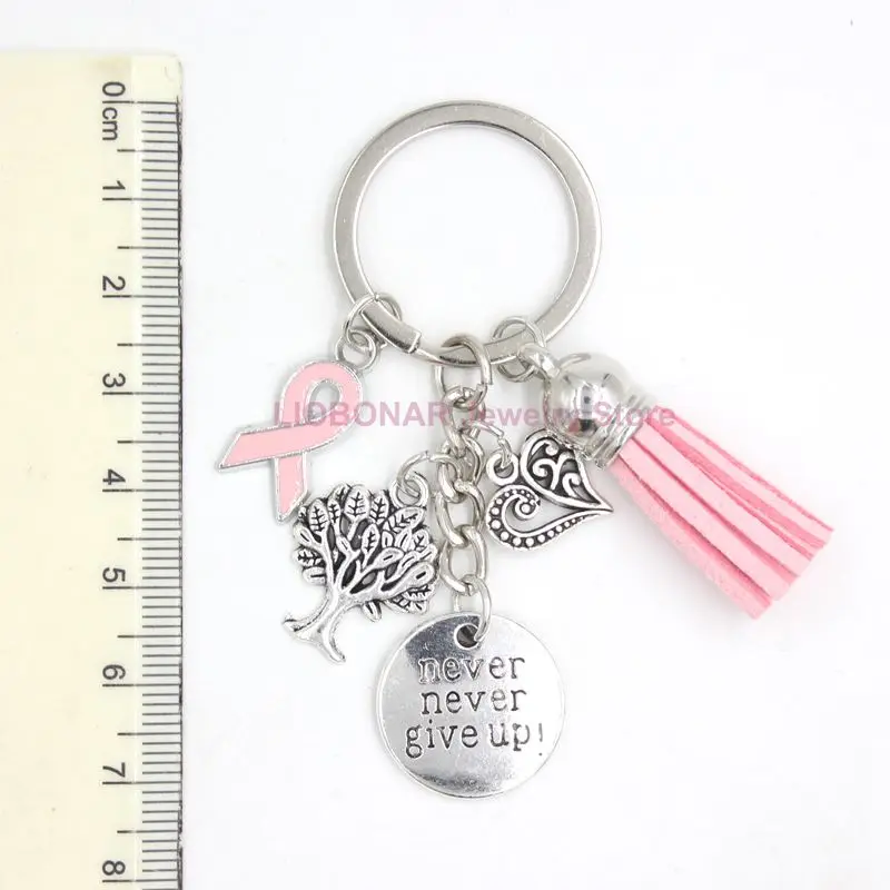 New Arrival Breast Cancer Awareness Pink Ribbon Tassel Keychains Keyring Heart Life Tree Never Give Up Charms Key Chain Jewelry