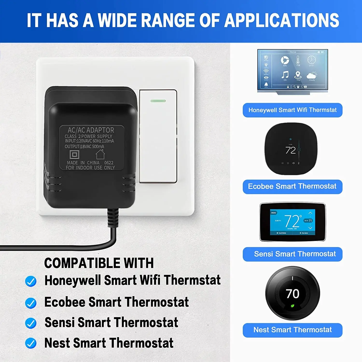 Video doorbell Special Power Transformer, 18V500MA Ring doorbell Power Adapter, Compatible with Ring, Nest, Eufy, Wyze,