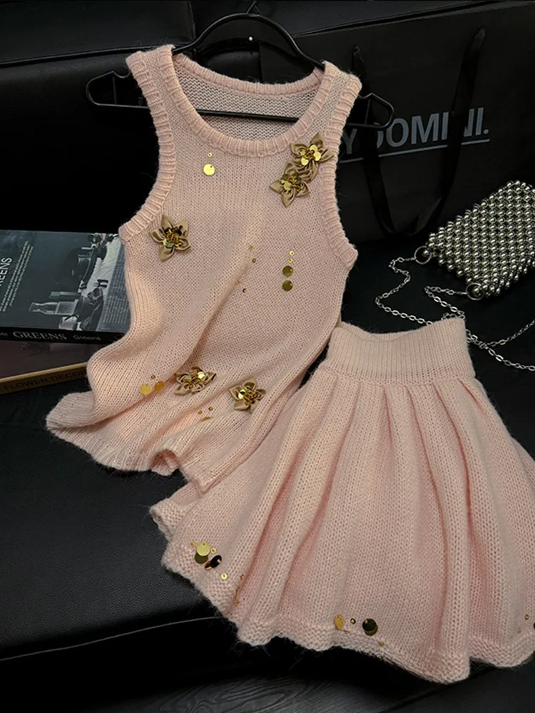 Conjunto de colete e saia de malha artesanal, cintura alta, plissado, duas peças, coleção outono feminina, sle francês, redondo, ne