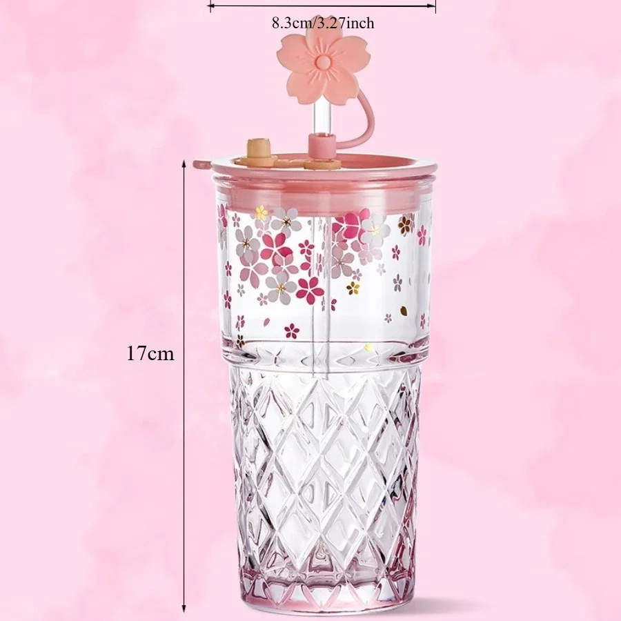 Reusable Drink Cup Party Cups with Straw Lid Cute Cherry Blossom Glass Tumblers for Cold Drinks Home Office Outdoor Summer Gift view 2