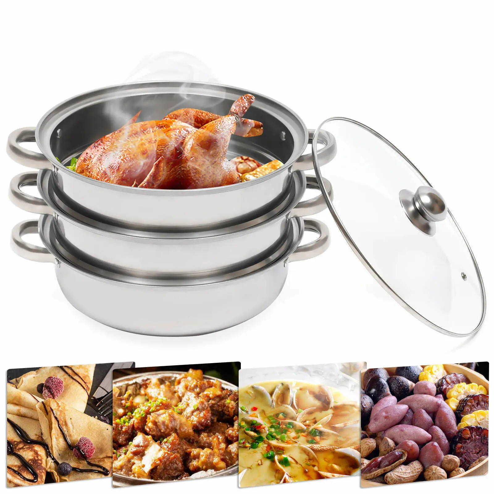 3 Tier Steamer Hot Pot Stainless Steel Cooker Steam Pot Food Cooking + Glass Lid