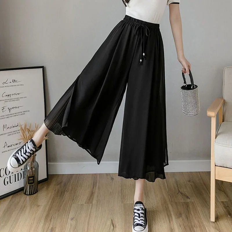 Fashion All-match Female Solid Elastic High Waist Pants Commute Korean Folds Casual Chiffon Drawstring Cropped Pants for Women