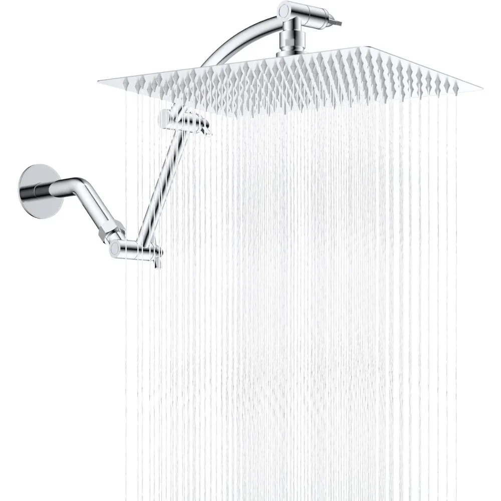 All Metal Rain Shower Head, 12'' High Pressure Rainfall Square Showerhead with 16 Extension Arm Chrome Shower Head