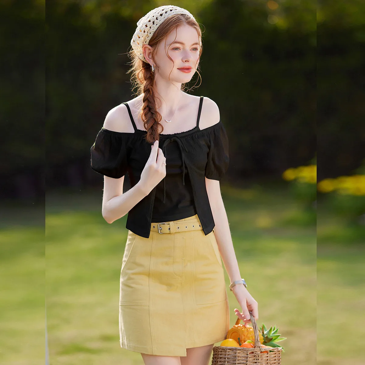 LOUISYAO Dolce Design in Tinta Unita Manica Corta Tees 2025 Estate NewTops Pullover Falso in Due Pezzi Patchwork T-Shirt da Donna