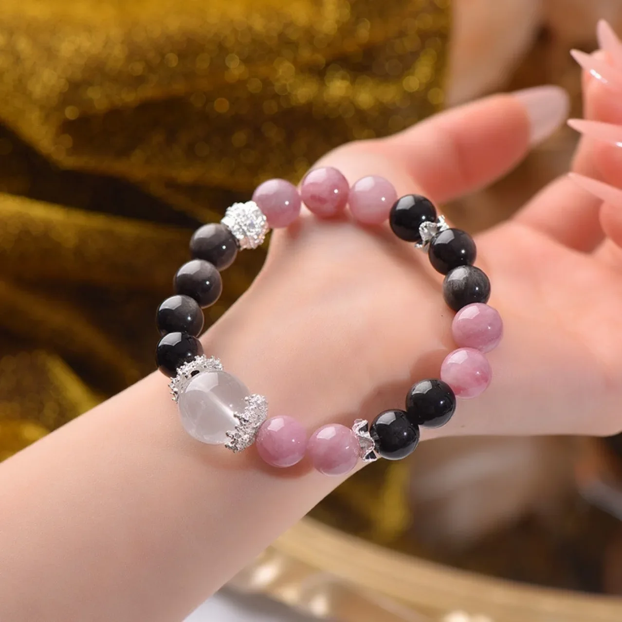 

Purple Horse Powder Silver Obsidian Milk White Crystal Bracelet Light Luxury Fashion Lucky Women Bracelet