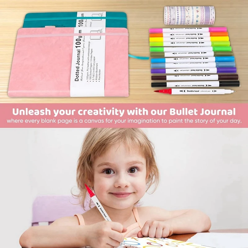 Bullet Dotted Journal Kit-Dual Tip Brush Markers, Washi Tape, And Stencils For Women, Men, And Teen