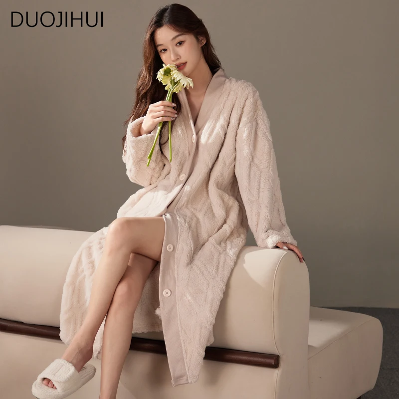 DUOJIHUI New Classic V-neck Chic Flannel Warm Female Sleepwear Basic Solid Color Fashion Simple Single Breasted Robes for Women