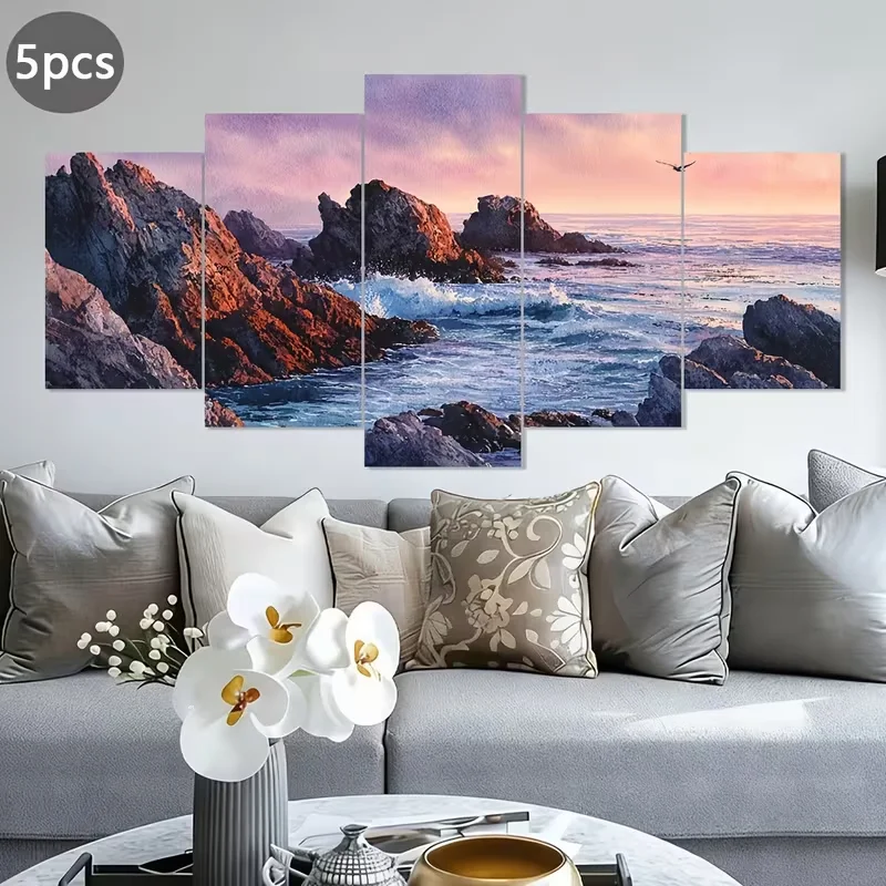 1pc or 5pcs Large Coastal Wall Art - French Country/Contemporary/Modern Sea Ocean Beach with Rocky Cliffs, Crashing Waves & Seag