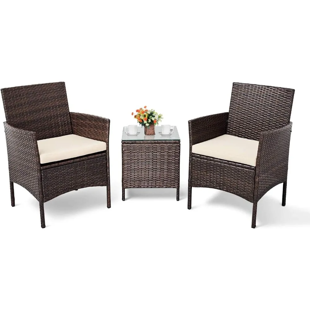 

3-piece outdoor small bar set, courtyard furniture chairs, brown wicker porch furniture, with glass coffee table (beige mat)