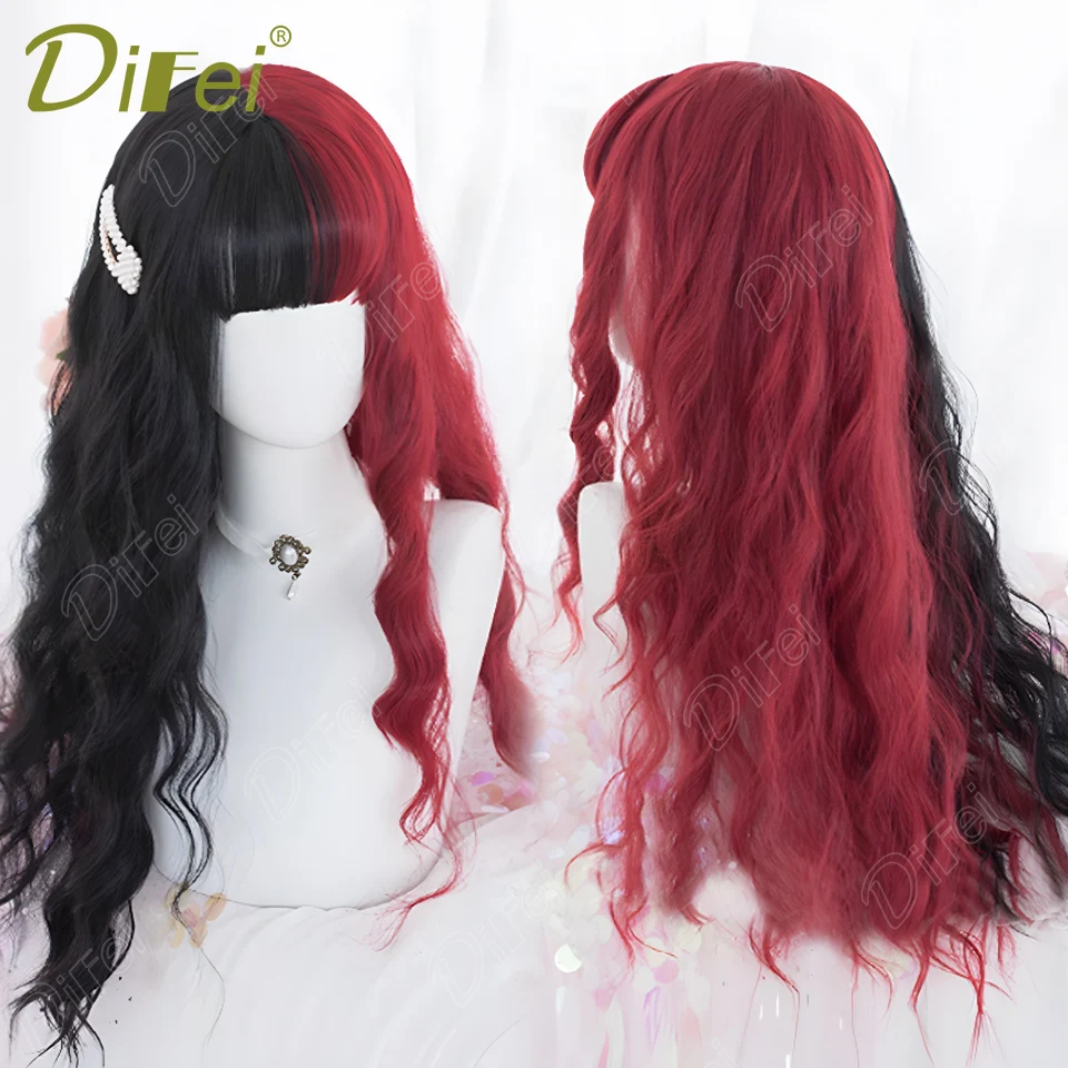 DIFEI Synthetic Lolita Wig Female Sweet And Lovely Black And Red Color Matching Wavy Hair With Bangs Party Cosplay Wig