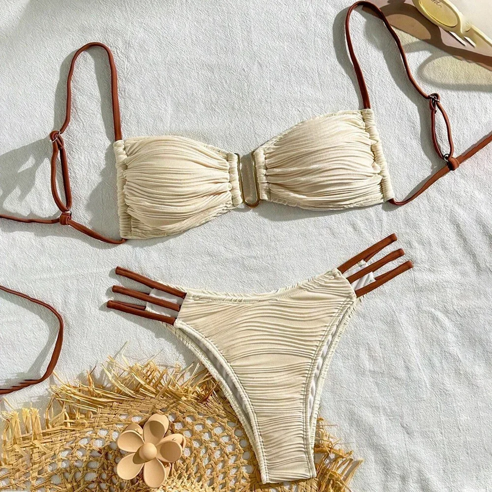 

Para Praia 5 Colors Strapless Bandeau Swimsuit Women 2025 Two Pieces Bikini Sexy Thong Bathing Suit Summer Beach Swimwear