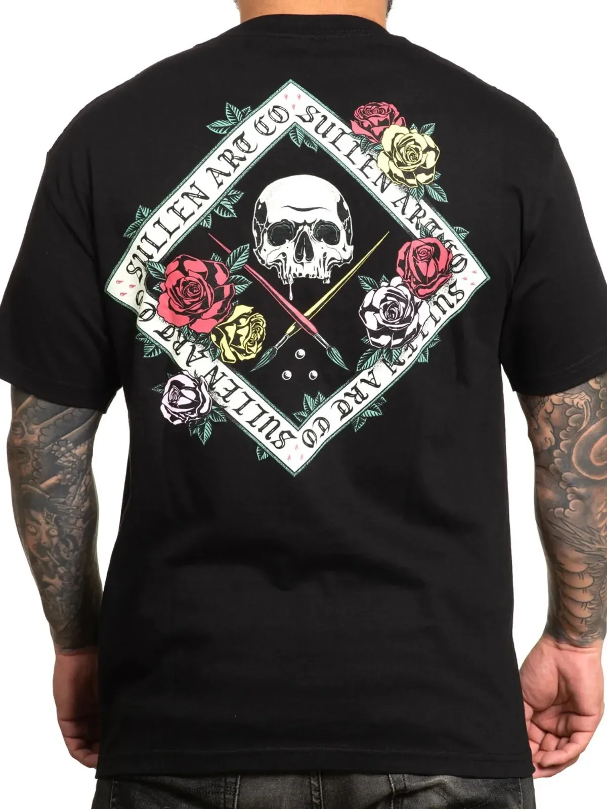 Sullen Men's Floral Badge Short Sleeve Standard T-shirt Skull Roses Tattoo Tee