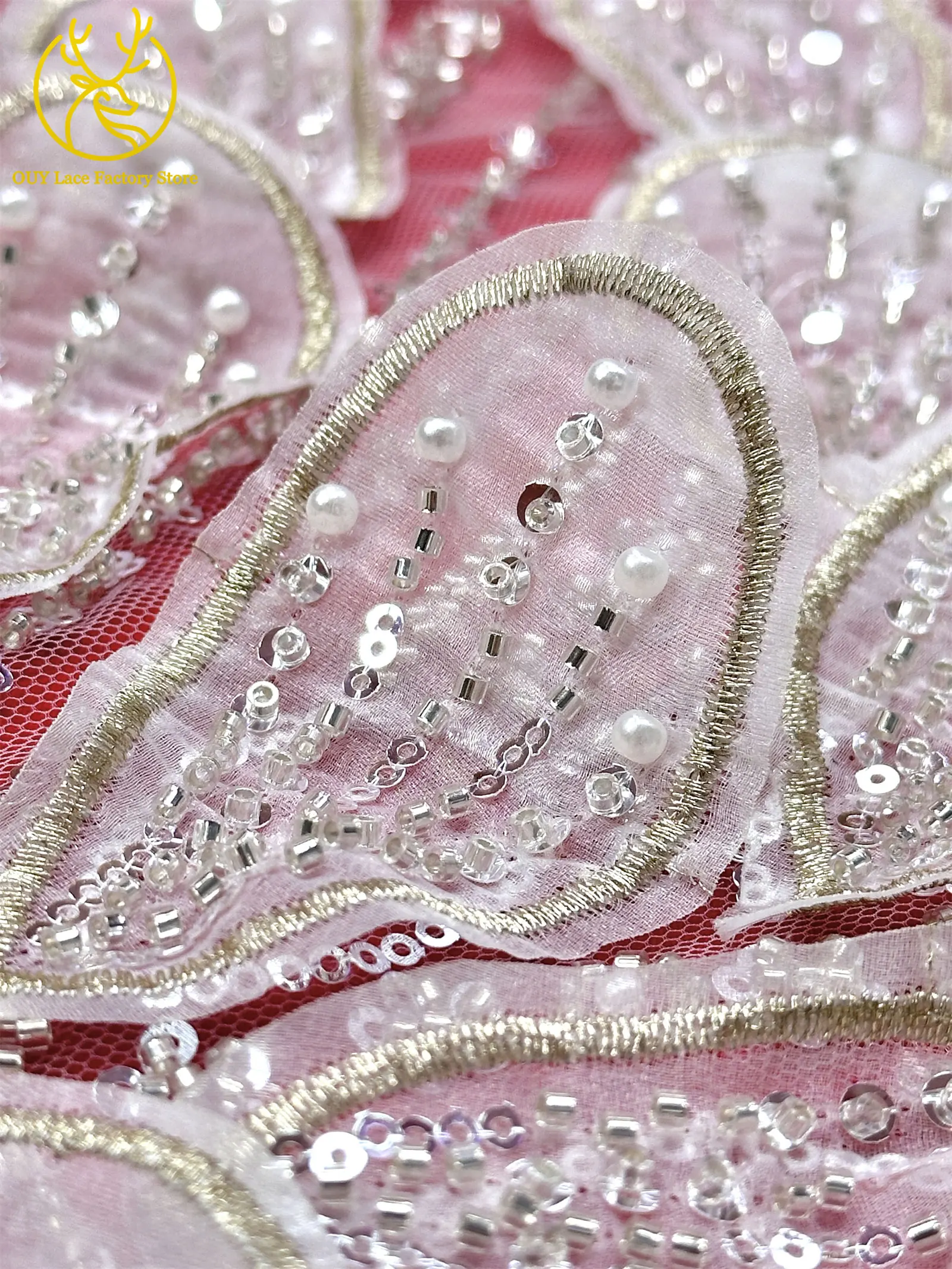 Luxuriöser afrikanischer Perlen-Pailletten-Spitzenstoff 2026 Hochwertige französische 3D-Stickerei Tüllspitze für nigerianische Hochzeitskleider zum Nähen 5Y – Detail 14