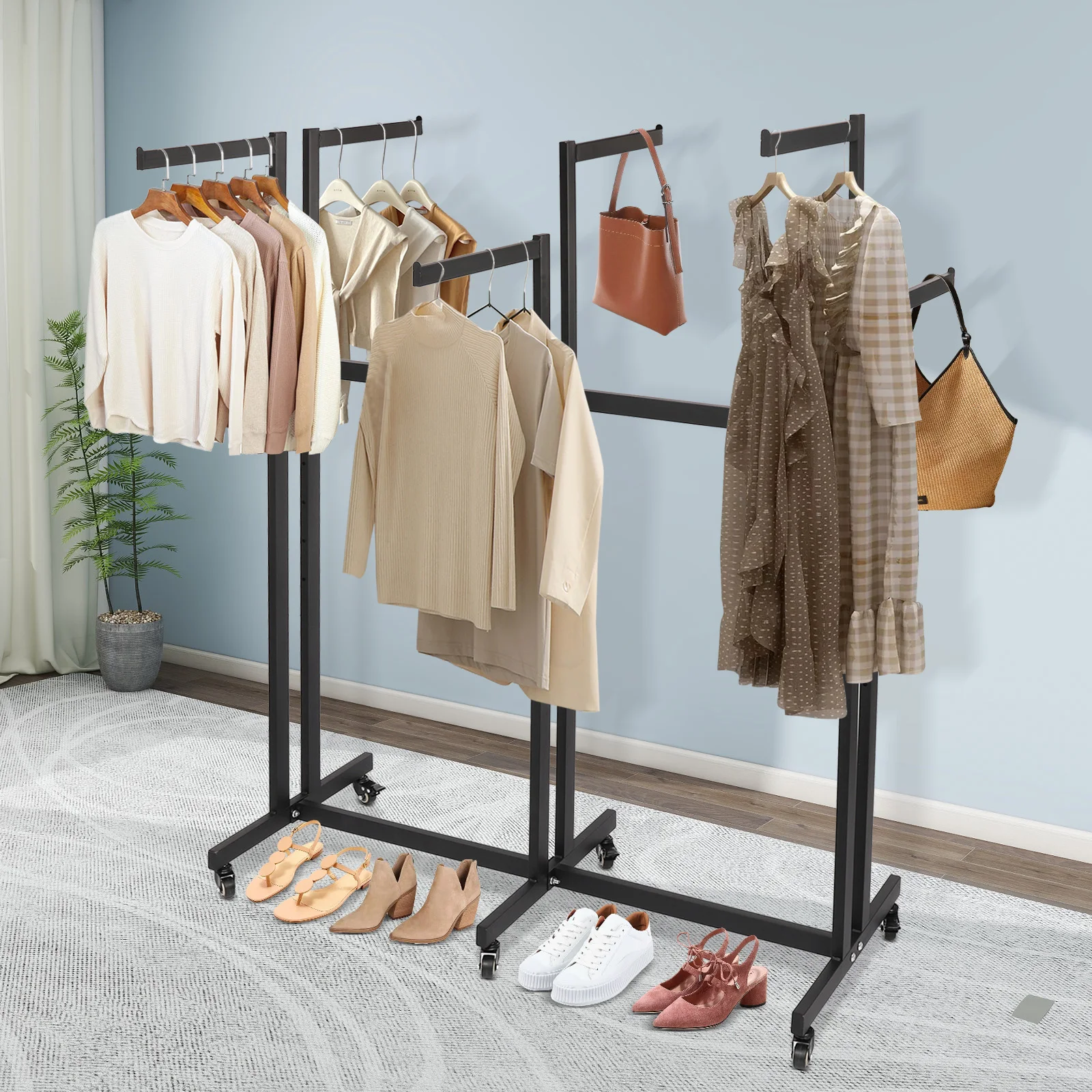 Black/Golden Clothing Retail Rack, Garment Rack with Wheels, Adjustable Shirt Rack 6 Arms