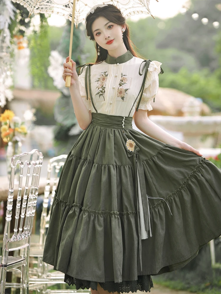 Lolita Style Two Piece Skirt Set Women Spring Autumn Shirt Sleeve Shirt and Lace Patchwork Long Skirts Outfits