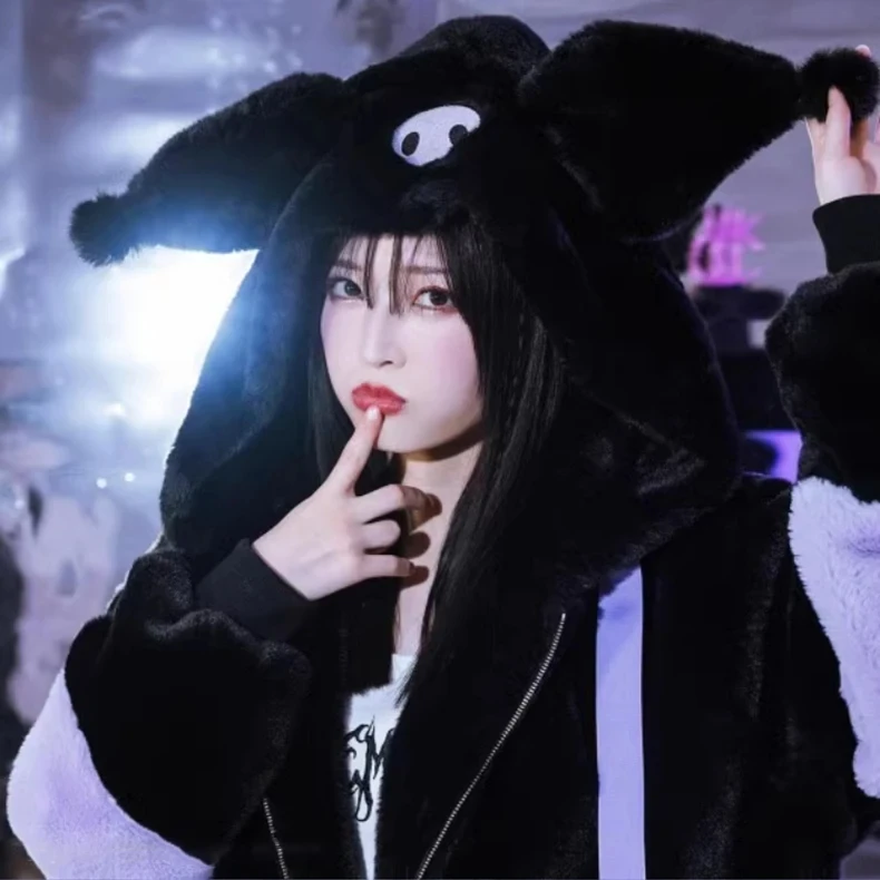 

Пальто Sanrio Kuromi осенне-зимнее оверсайз с цветными блоками из искусственного меха, женская куртка в стиле Харадзюку, милая пушистая толстовка с капюшоном и ушками кролика