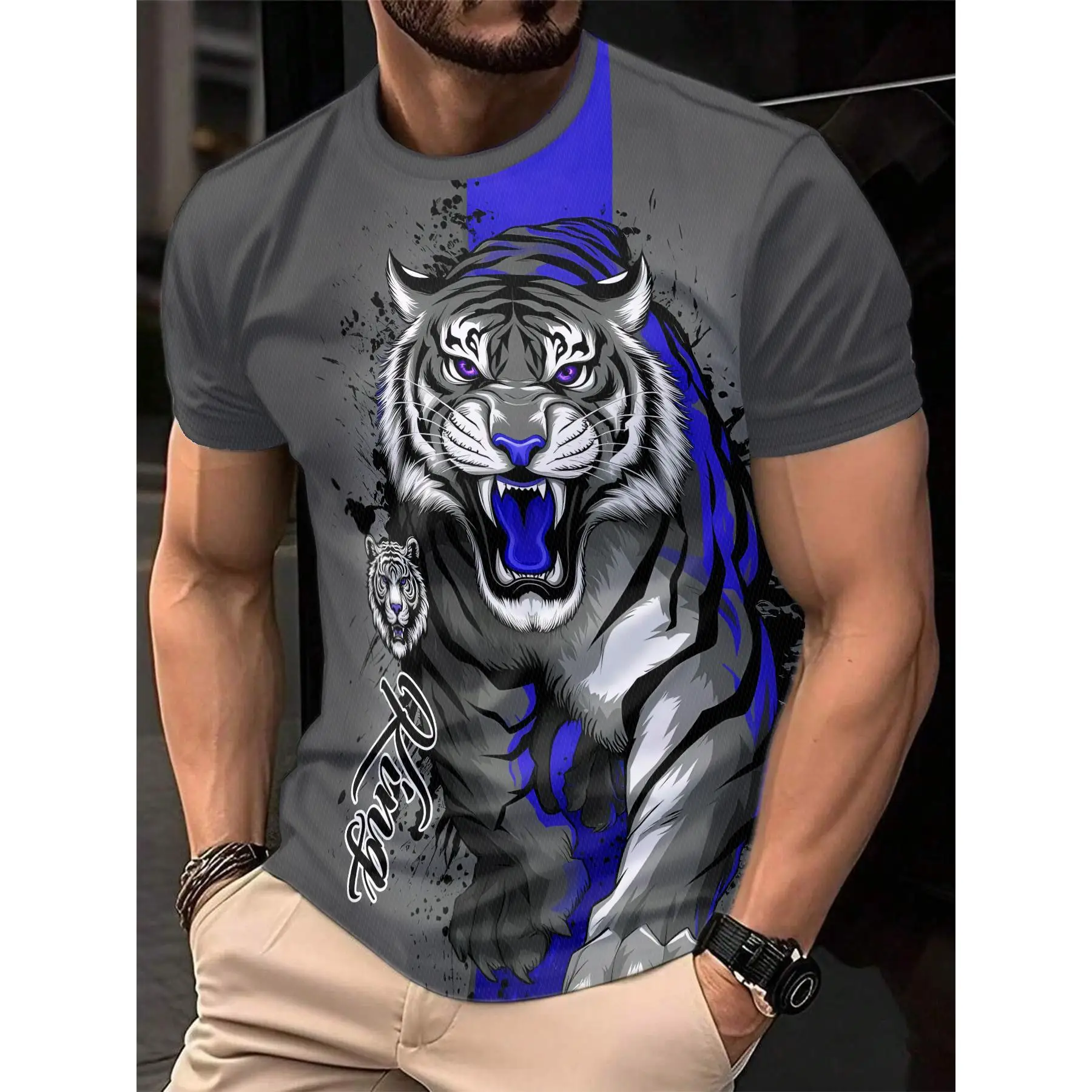Men's 3D fierce tiger pattern printed T-shirt 3D printed summer fashion thin breathable T-shirt, polyester round neck streetwear