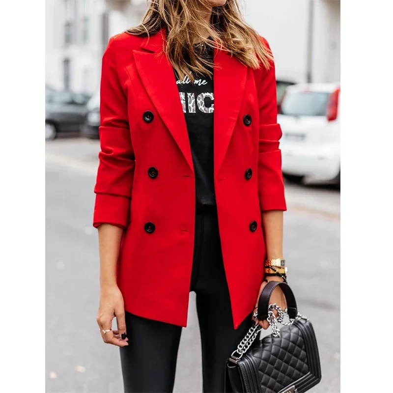Solid Jackets Black Lapel Long Sleeves Button Office Lady Khaki Business Suits Blazer Winter Women Double Breasted Blazer Coats