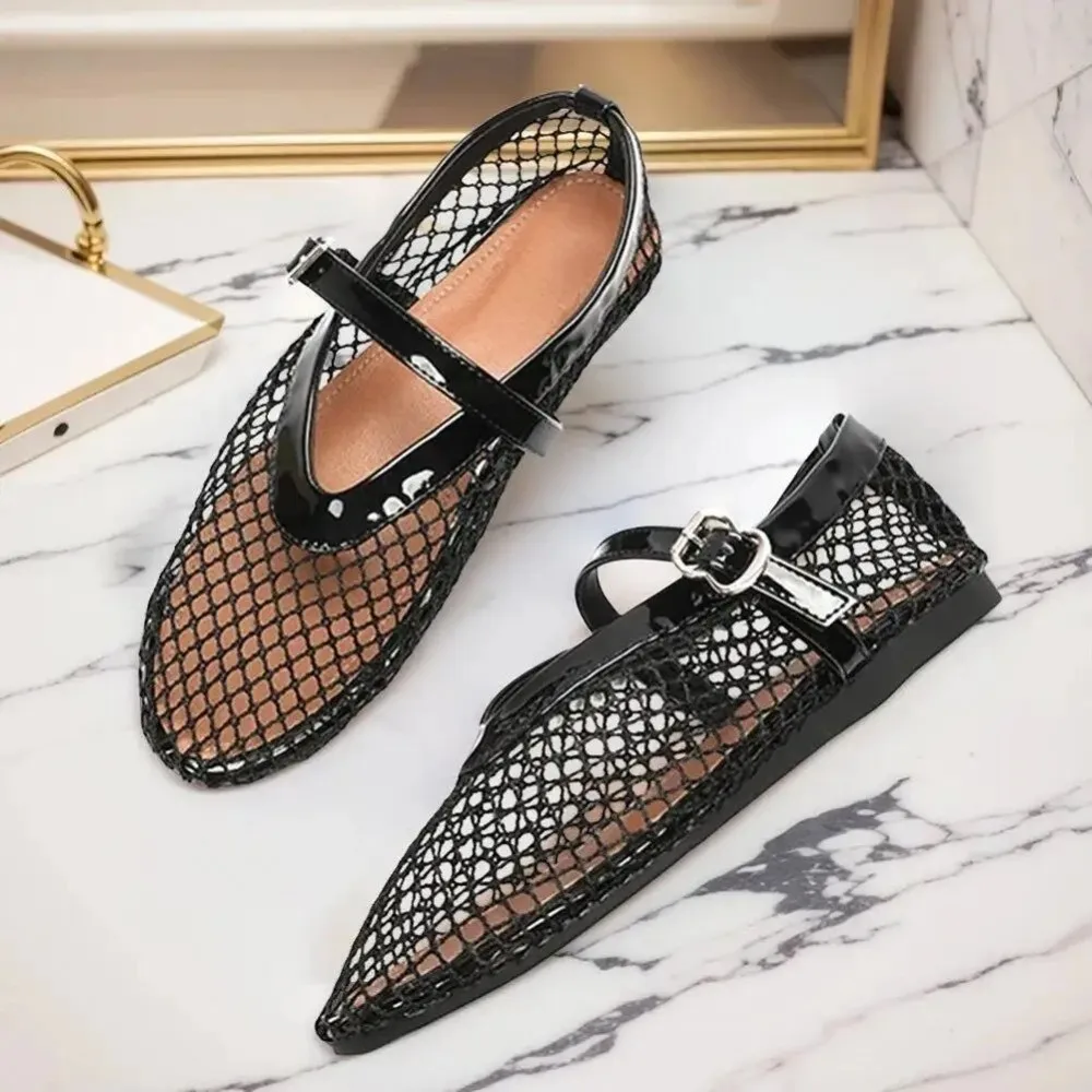 1 Pair Non-Slip Sole Summer Mary Jane Shoes Cut-Out Design Comfortable Walking Mesh Ballerina Flats Straight Buckles Breathable