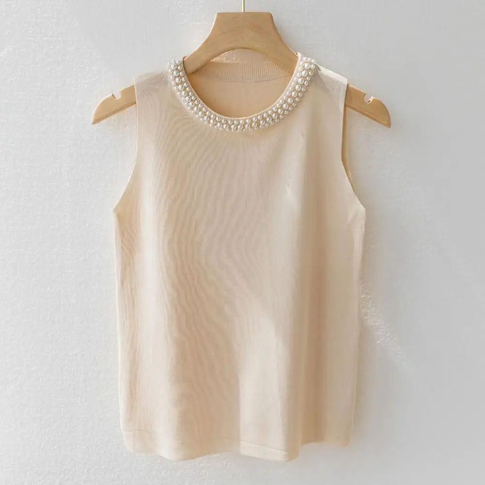 Women Round Neck Tank Top Elegant Faux Pearl Knit Vest Comfortable Tank Top Stylish 3d Cut Loose Fit Blouse for Women Loose Fit